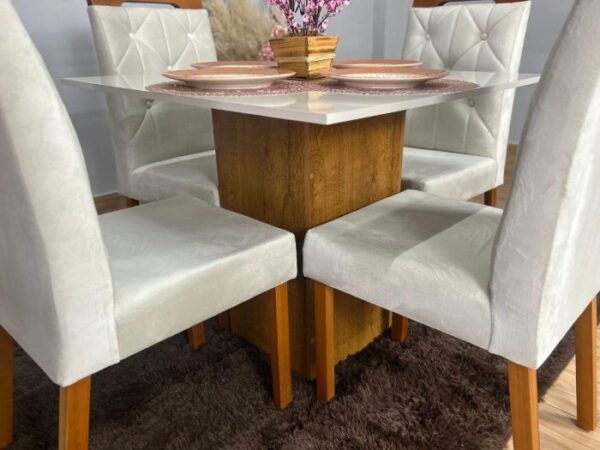 Mesa de Jantar Dakota Plus 90×90 c/ 4 Cadeiras Jasmim – Cinamomo/Off White/Bege Veludo E - Imagem 3
