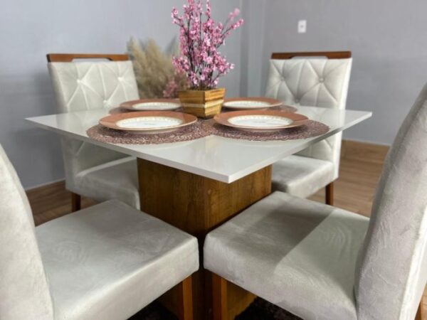 Mesa de Jantar Dakota Plus 90×90 c/ 4 Cadeiras Jasmim – Cinamomo/Off White/Bege Veludo E - Imagem 2