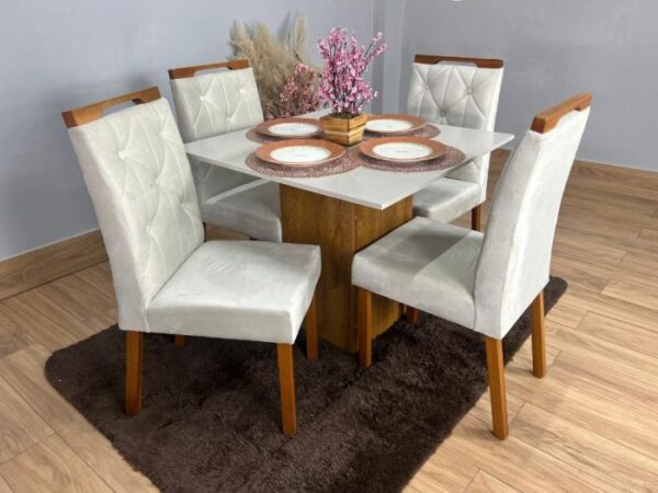 Mesa de Jantar Dakota Plus 90×90 c/ 4 Cadeiras Jasmim – Cinamomo/Off White/Bege Veludo E