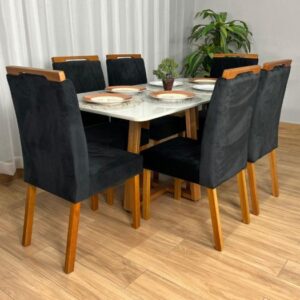 Mesa de Jantar Bali 1.60×0.80 + 6 Cadeiras Califórnia Cinza E