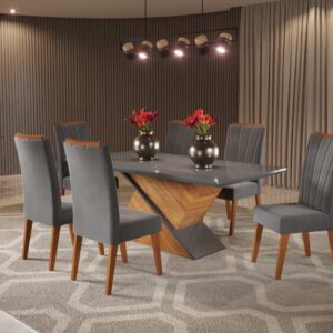 Sala Aurea 180x90 com 6 Cadeiras Safira Mel.Grafite Veludo Grafite