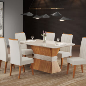 Sala Eve 180x90 com 6 Cadeiras Safira Mel Blonde.Off White Veludo Marfim